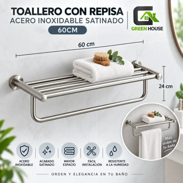 Elegante Toallero Con Repisa Satinado Acero Inoxidable 60cm