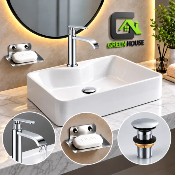 Combo De Lavatorio Griferia Agua Fria Caida Cascada + Desague Cromado