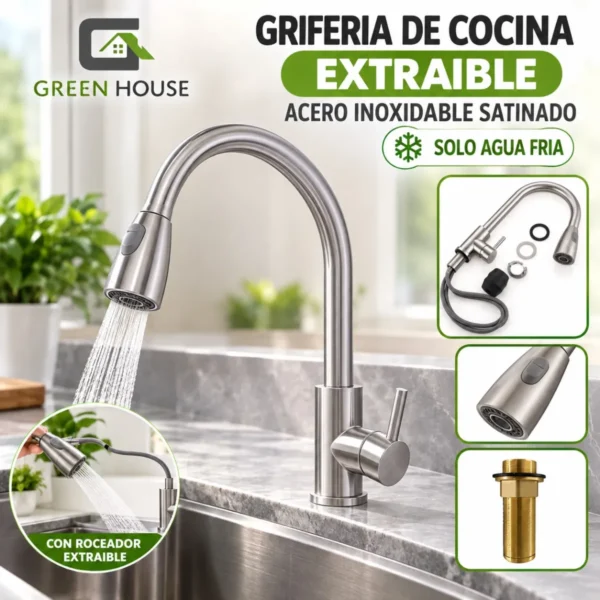Griferia De Cocina Extraible Acero Inoxidable Satinado Solo Agua Fria
