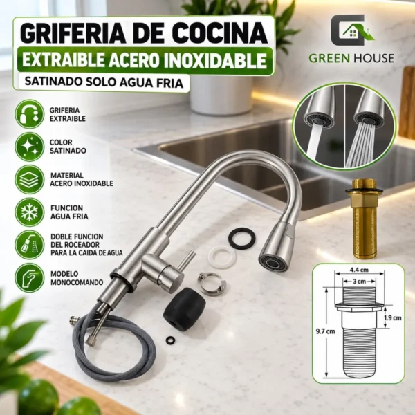Griferia De Cocina Extraible Acero Inoxidable Satinado Solo Agua Fria