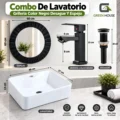 Combo De Lavatorio Griferia Color Negro Desague Y Espejo