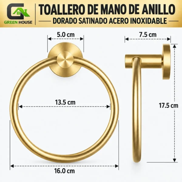 Toallero De Mano De Anillo Dorado Satinado Acero Inoxidable