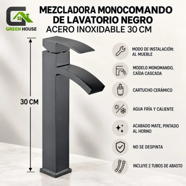 Mezcladora Monocomando De Lavatorio Negro Acero Inoxidable 30CM M8778