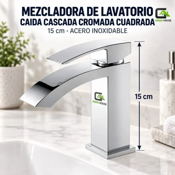 Mezcladora De Lavatorio Caida Cascada Cromada Brillante 15cm Cuadrada