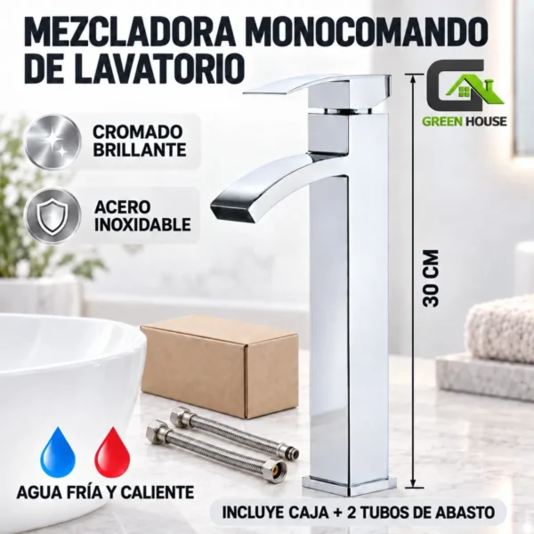 Mezcladora Monocomando De Lavatorio Brillante Cromado 30 Cm Acero Inoxidable