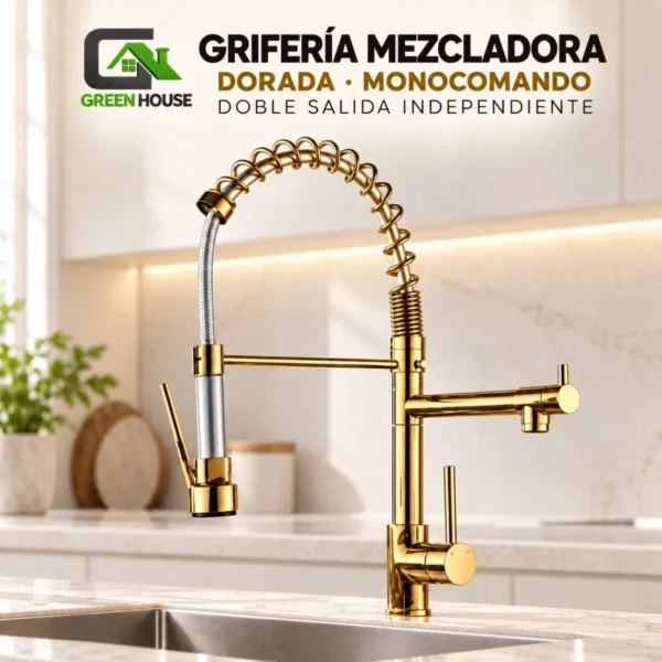Griferia Mezcladora Dorado Monocomando Doble Salida Independiente