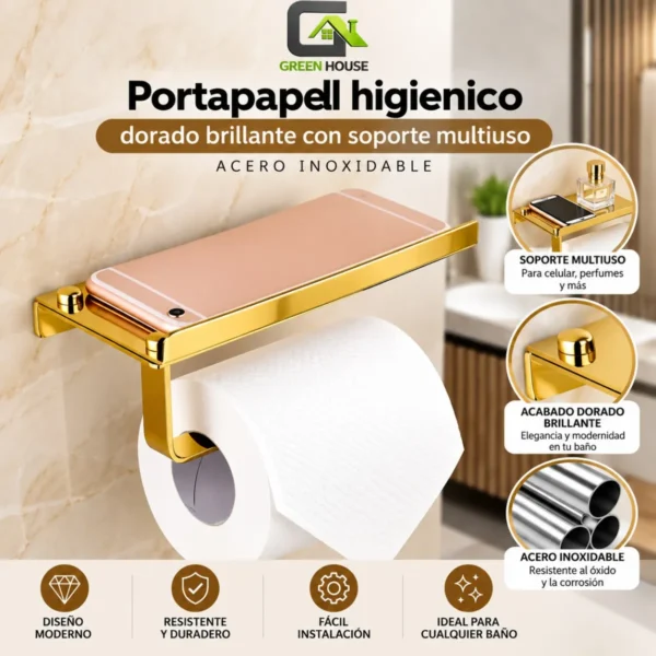 Portapapel Higienico Dorado Brillante Con Soporte Multiuso Acero Inoxidable