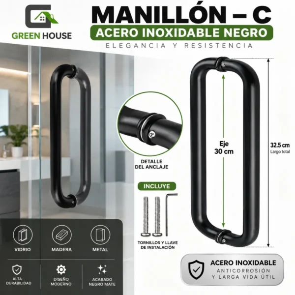 Manillon - Jalador - Tirador- Tipo C - Puertas De Vidrio - Madera Y Metal 32CM Negro