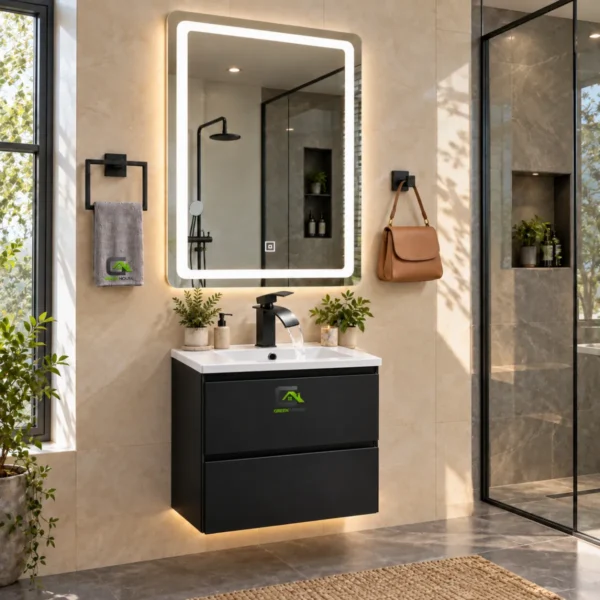 Combo Vanitorio Negro + Mezcladora Cascada Negro Mate + Espejo Led 3 Tiempos