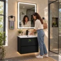 Combo Vanitorio Negro + Mezcladora Cascada Negro Mate + Espejo Led 3 Tiempos