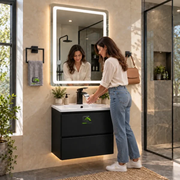 Combo Vanitorio Negro + Mezcladora Cascada Negro Mate + Espejo Led 3 Tiempos