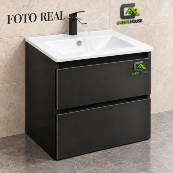 Combo Vanitorio Negro + Mezcladora Cascada Negro Mate + Espejo Led 3 Tiempos