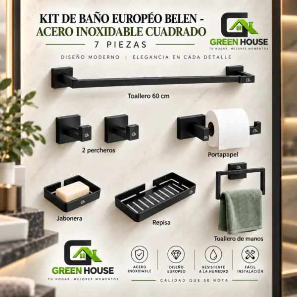 KIT DE BAÑO EUROPÉO BELEN - ACERO INOXIDABLE CUADRADO