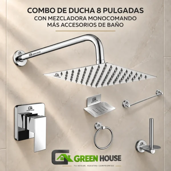 WEB11 Combo De Ducha 8 Pulgadas Con Mezcladora Monocomando Mas Accesorios De Baño