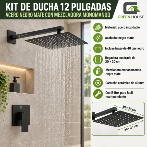 Kit De Ducha 12 Pulgadas Acero Negro Mate Con Mezcladora Monomando