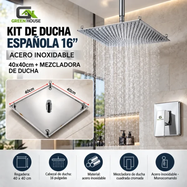 Kit De Ducha Española 16" Acero Inoxidable 40x40cm + Mezcladora De Ducha