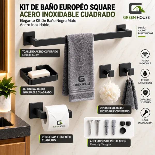 Kit De Baño Européo Square Acero Negro Inoxidable Cuadrado