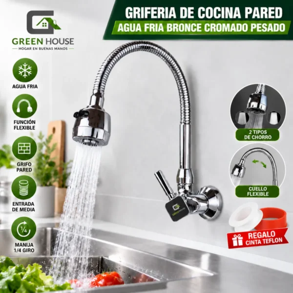 Griferia De Cocina Pared Agua Fria Bronce Cromado Pesado