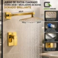 Juego De Ducha Cuadrado Acero 20cm + Mezcladora De Ducha Dorado Brillante