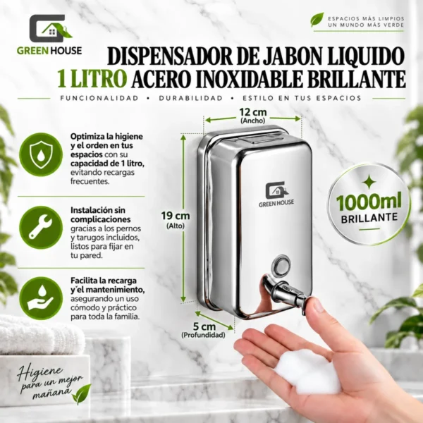 Dispensador De Jabón Líquido 1 Litro Acero Inoxidable Brillante