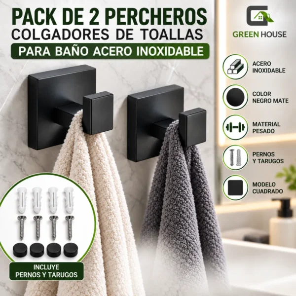 Pack De 2 Percheros Colgadores De Toallas Para Baño Negro Acero Inoxidable