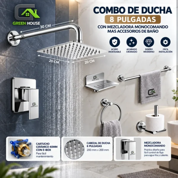 Combo De Ducha 8 Pulgadas Con Mezcladora Monocomando Mas Accesorios De Baño