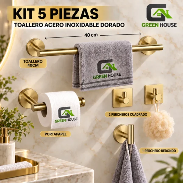 KIT 5 PIEZAS TOALLERO ACERO INOXIDABLE DORADO