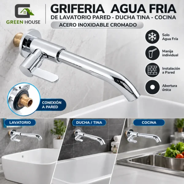Griferia  Agua Fria De Lavatorio Pared - Ducha Tina - Cocina Acero Inoxidable Cromado