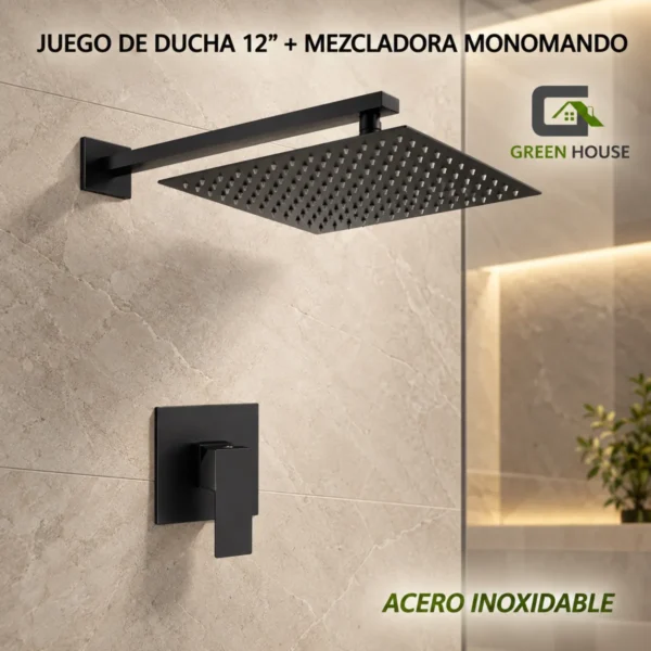 Kit De Ducha 12 Pulgadas Acero Negro Mate Con Mezcladora Monomando