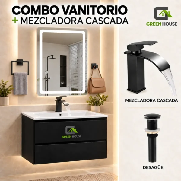 Combo Vanitorio Negro + Mezcladora Cascada Negro Mate + Espejo Led 3 Tiempos