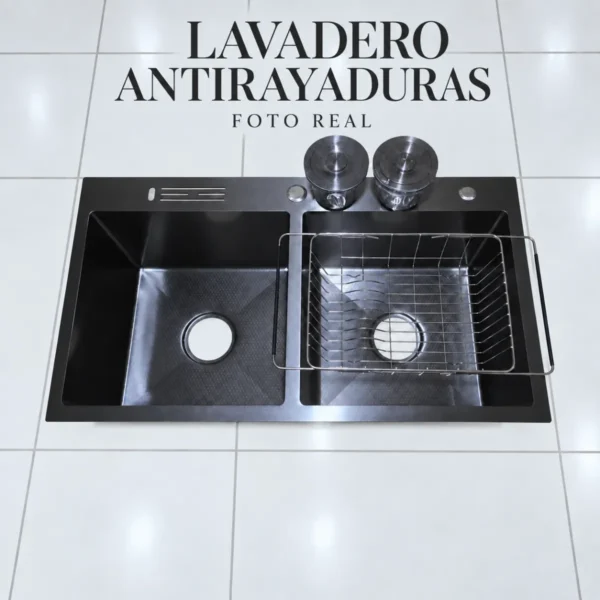Combo  Lavadero De Cocina Antirayaduras 2 Pozas + Mezcladora 2 Caños Acero Pesado